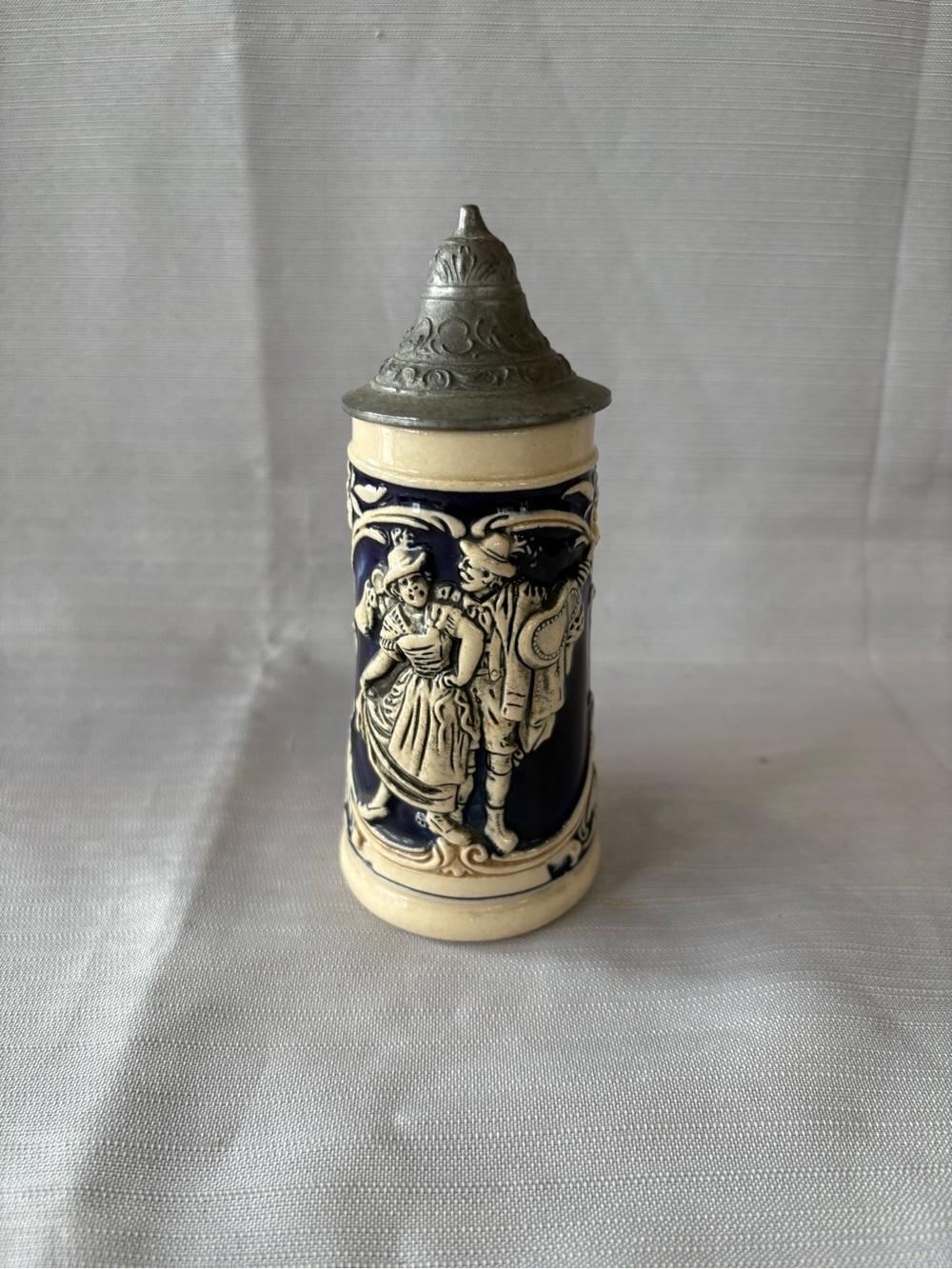 Antique Decorative Blue and Cream Ceramic Stein with Pewter Lid